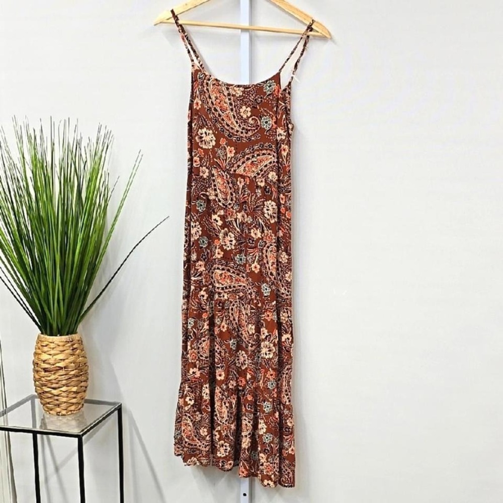 Primark Womens Rust Orange Paisley Floral Tiered‎ Maxi Dress Size 2 Boho Summer